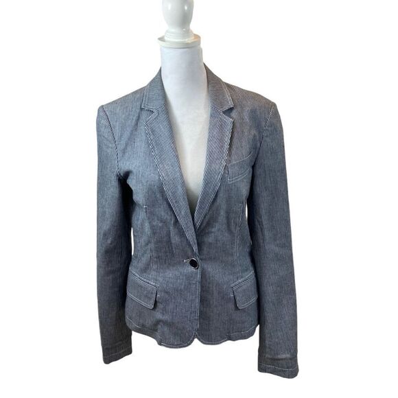 ADEC2 Philliphe Adec Brand Navy and White Pinstripe Single Button Blazer 4/38 - Picture 1 of 15